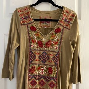 Johnny Was-LA collection tan cotton shirt with sheer back. Embroidery with roses